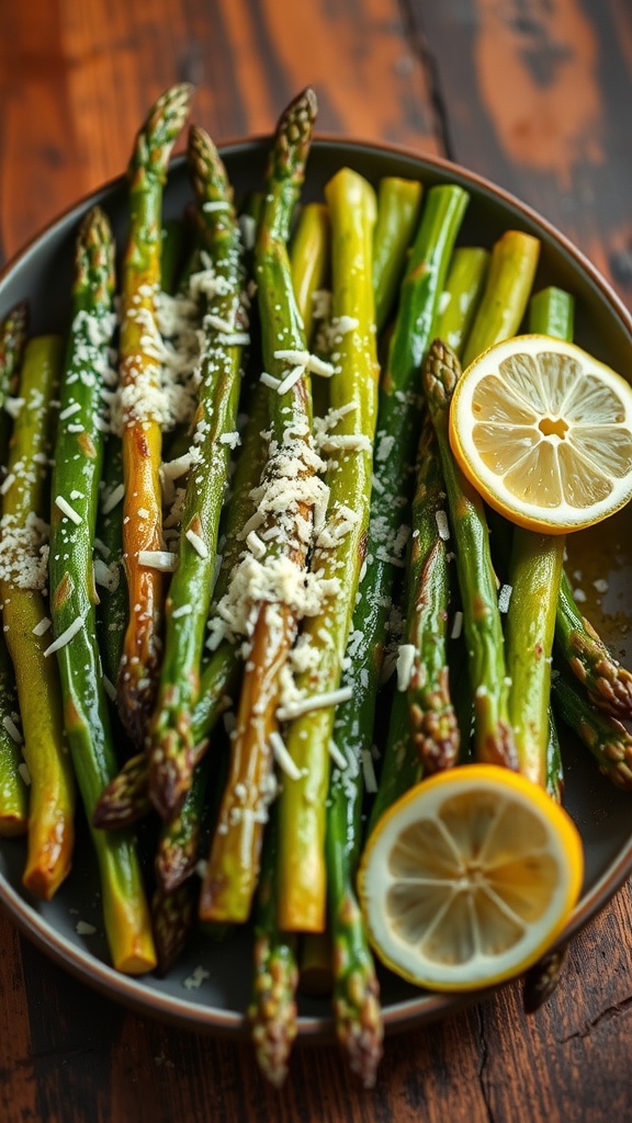 A platter of roasted asparagus with parmesan and lemon wedges on a rustic table.